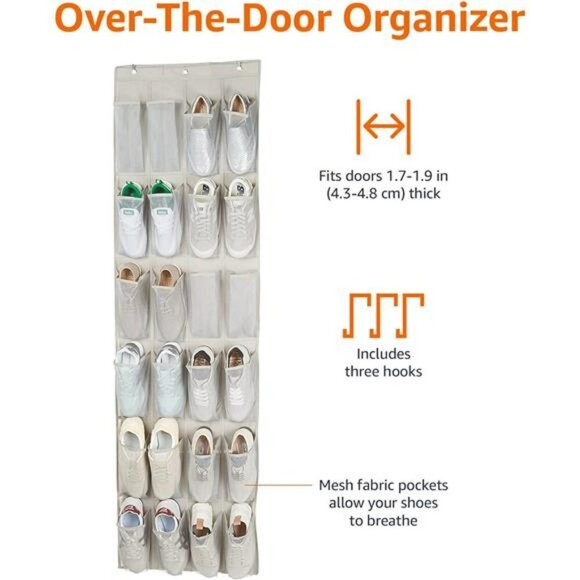 Over Door Hanging Shoe Organizer 24 Pocket Rack Holder Closet Storage Grey - Picture 3 of 8